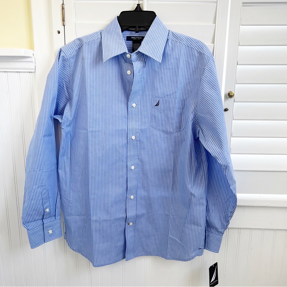 Nautica NWT Blue & White Stripe Long Sleeve Button Up Shirt Boys Size 16 Regular